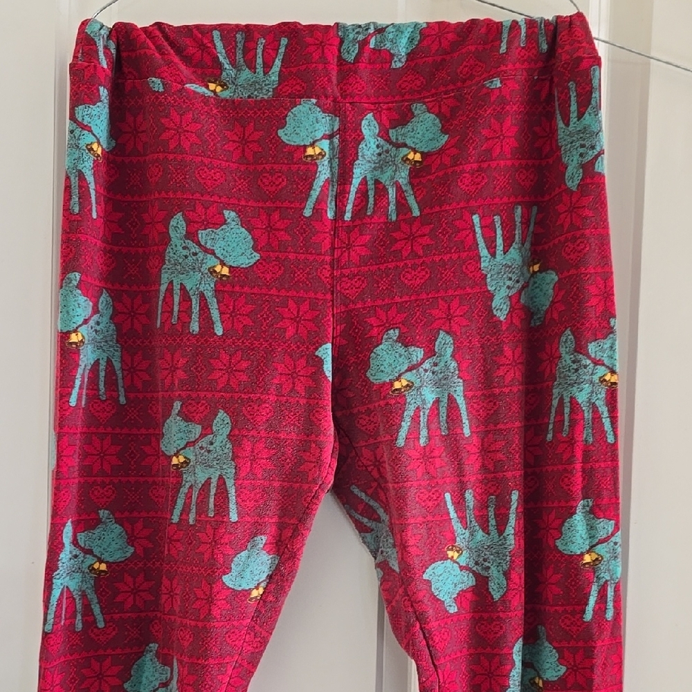 LuLaRoe Red Leggings with Blue Deer Print
